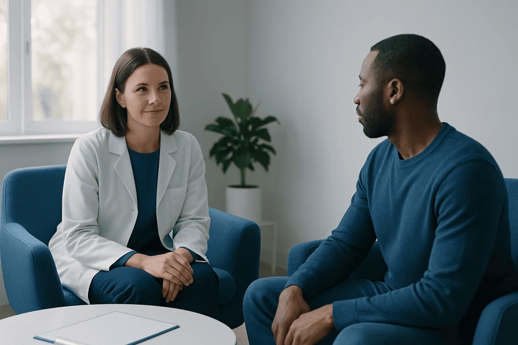 Therapist and patient having a consultation in a bright office.