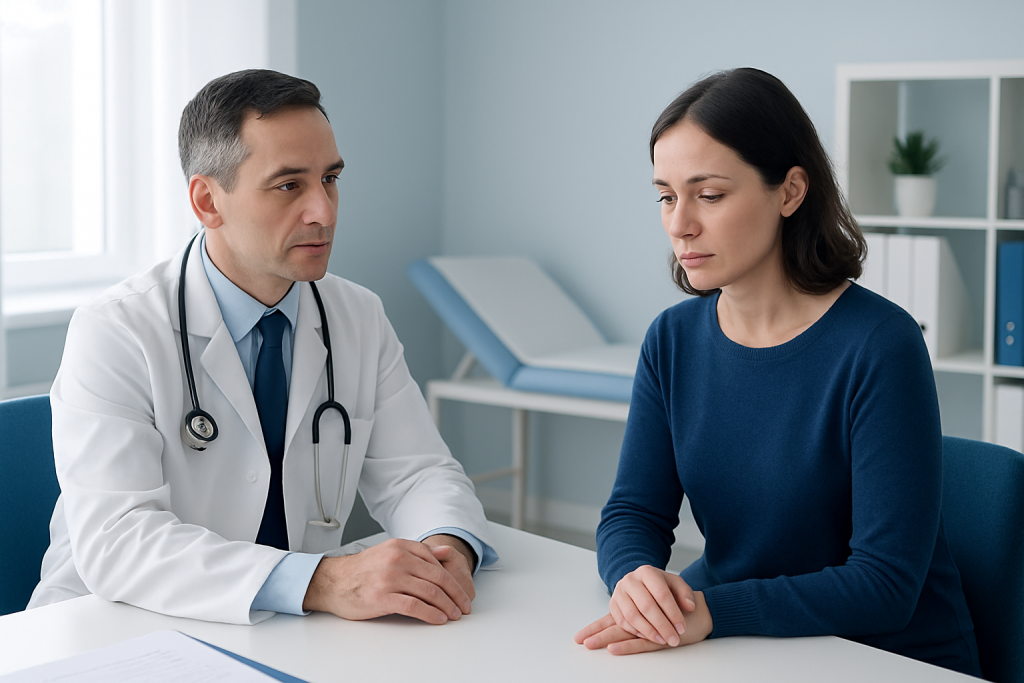 Doctor consulting with a female patient in a medical office.