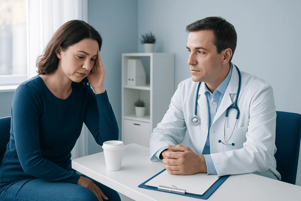 Doctor consulting with a patient about health concerns in a clinical setting.