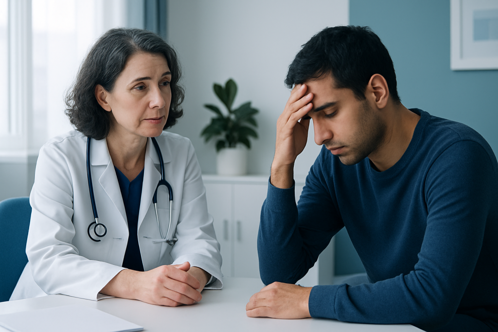 Doctor consulting with a young man experiencing stress or emotional distress.