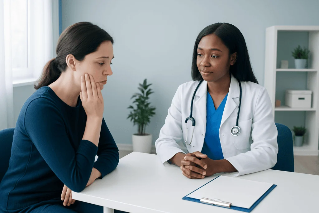 Patient consulting with a dentist about dental health concerns.
