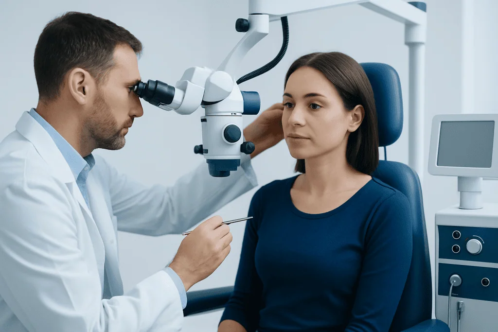 Ophthalmologist examining a woman's eyes with a slit lamp in a clinic.