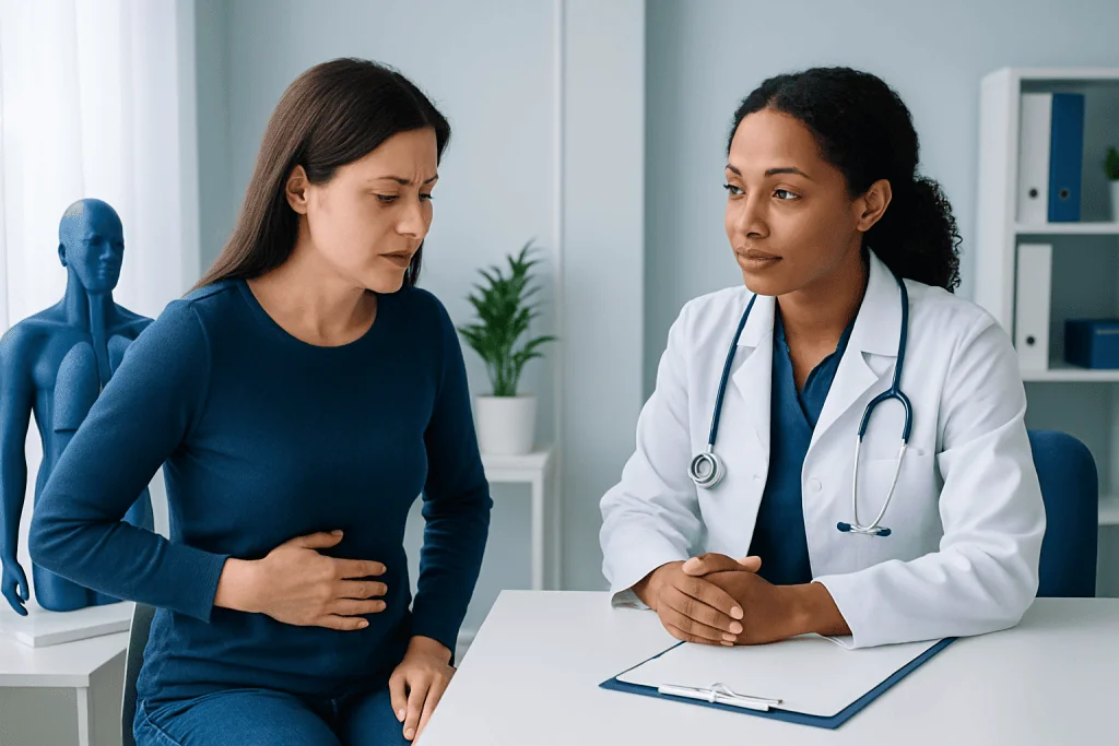 Doctor consulting with a patient about stomach pain in a medical office.