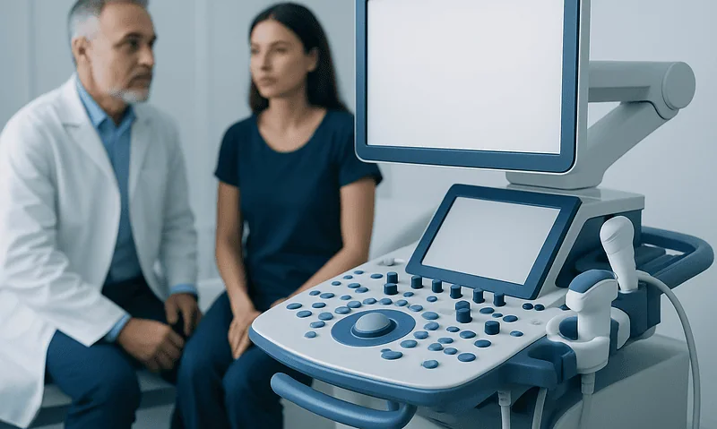 Doctor and patient in a medical consultation with ultrasound equipment.