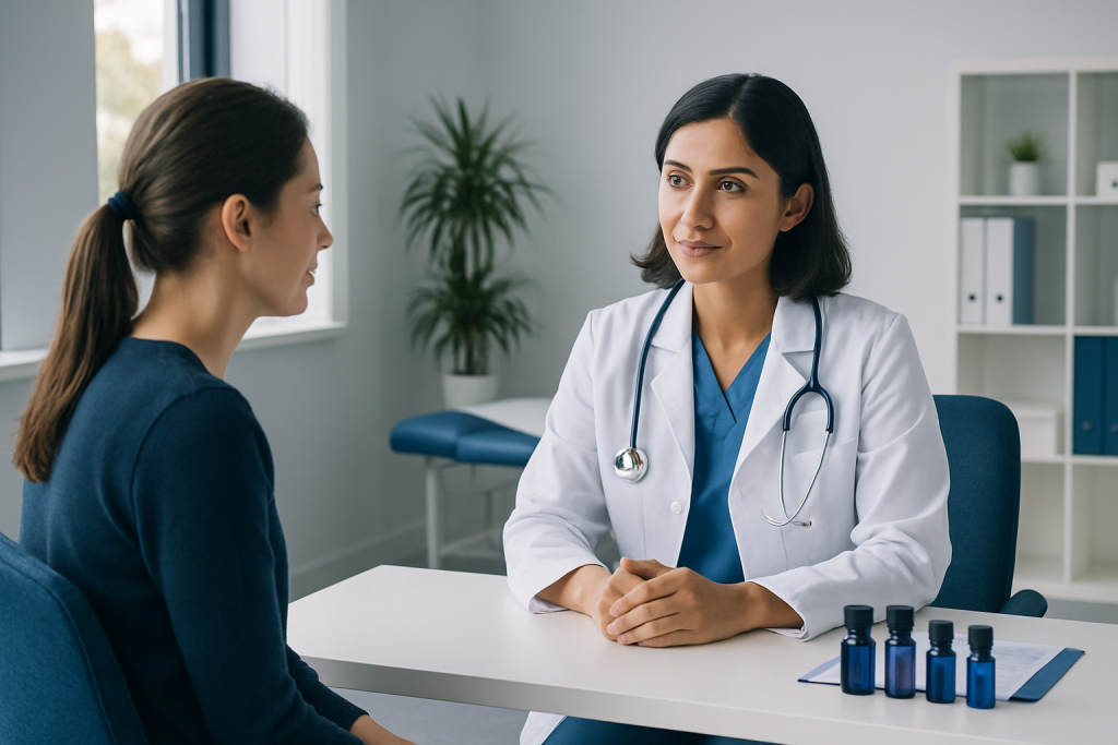 Doctor consulting with a patient in a modern medical office.