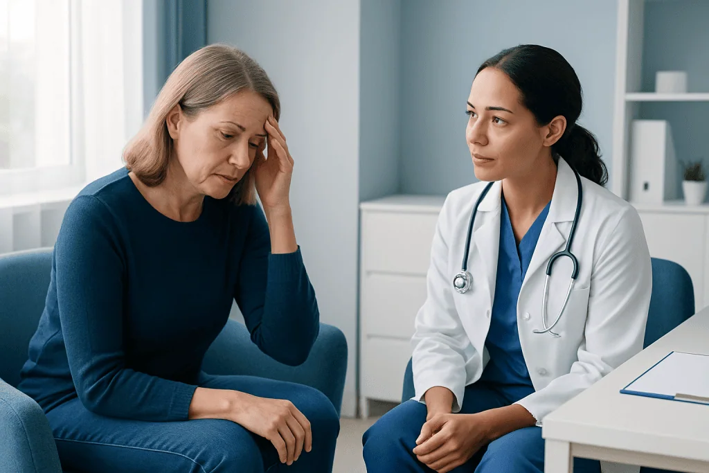 Doctor consulting with a patient about health concerns in a medical office.