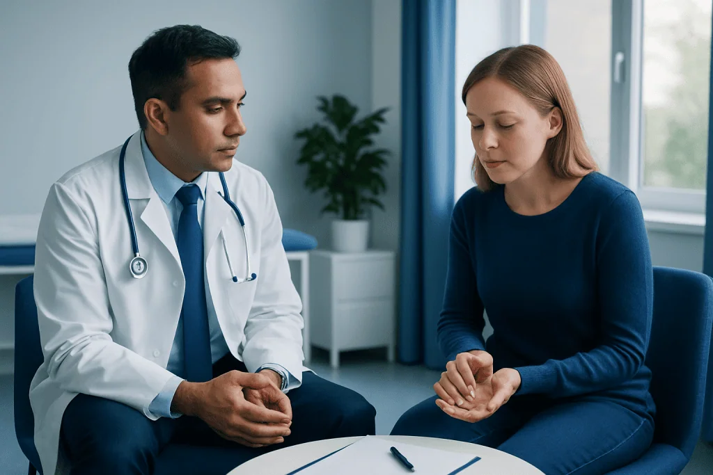 Doctor consulting with a female patient in a medical office setting.
