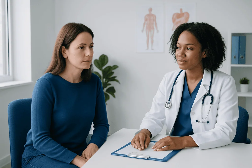 Doctor consulting with a patient about health concerns in a medical office.