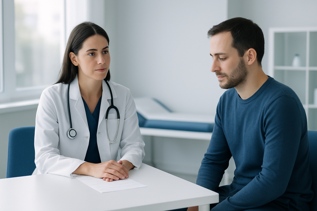 Doctor consulting with a patient in a medical office setting.