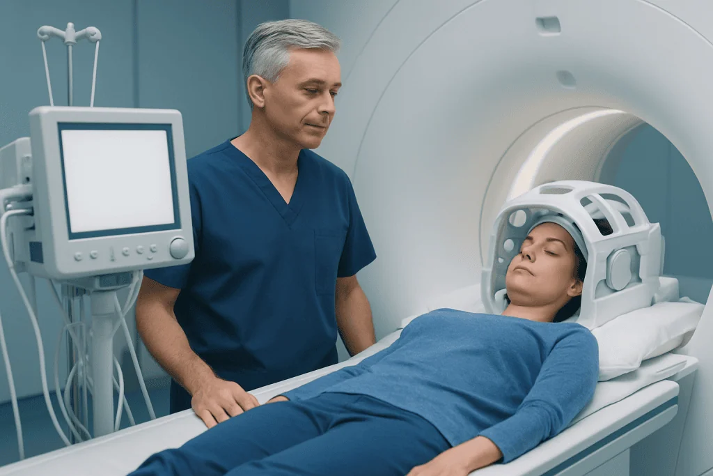 Medical professional preparing patient for MRI scan at Acibadem Hospital.
