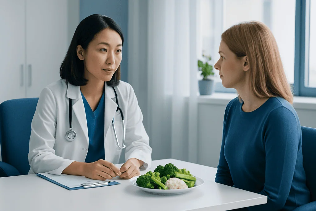 Doctor consulting with patient about healthy low-calorie foods.