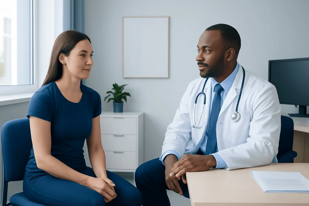 Doctor consulting with a female patient in a modern clinic setting.