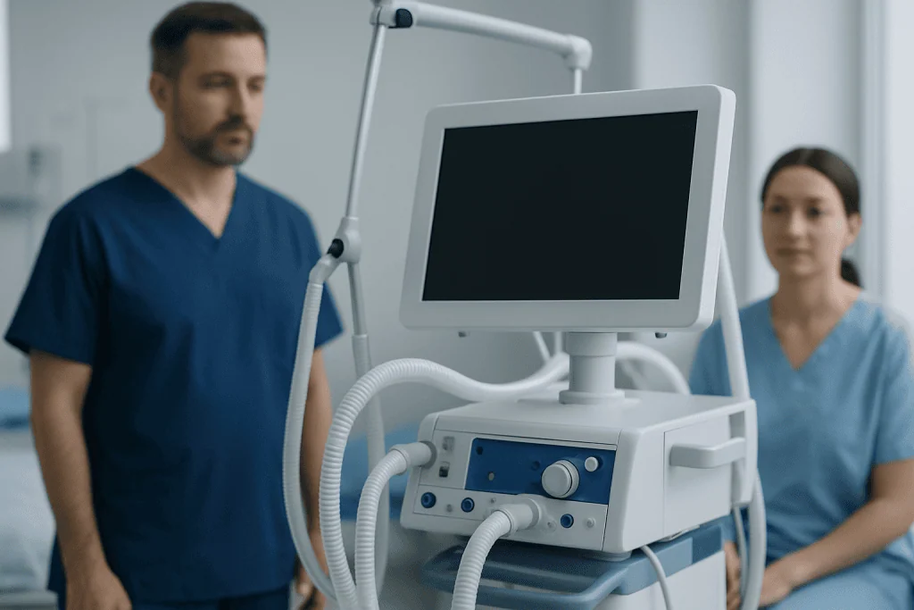 Medical professionals with ventilator in hospital setting.