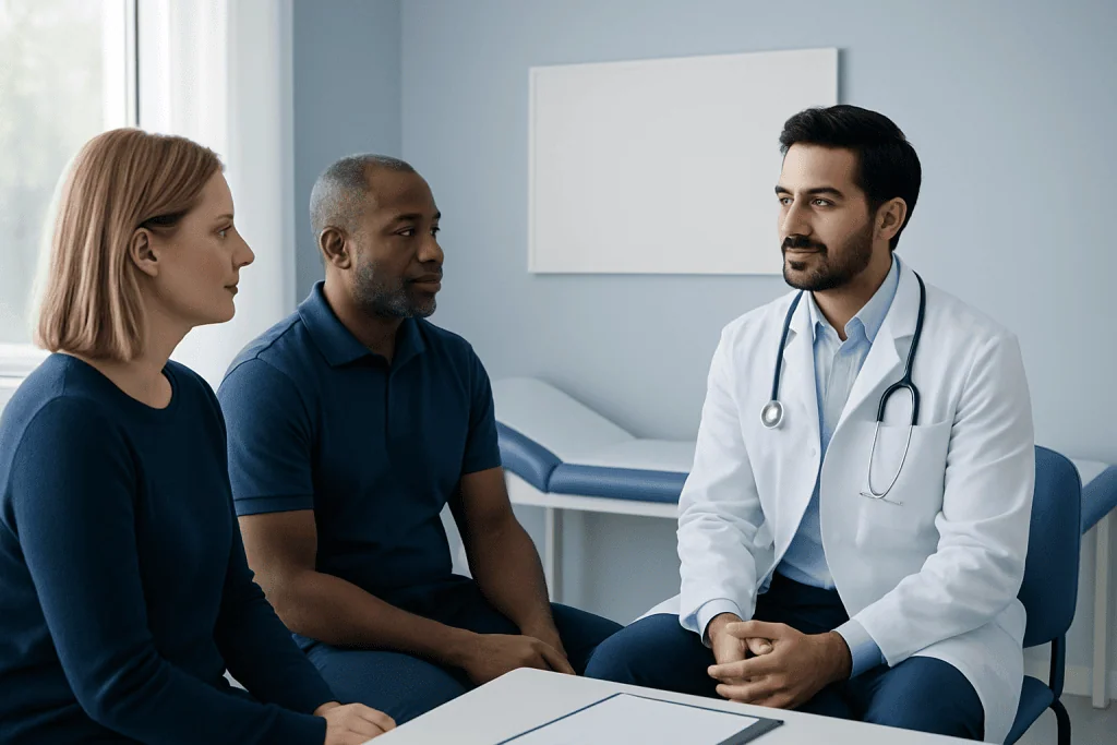 Doctor consulting with two patients in a medical office.