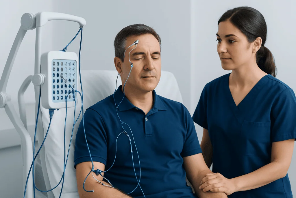 Patient undergoing neurological test with medical staff at Acibadem Hospital.