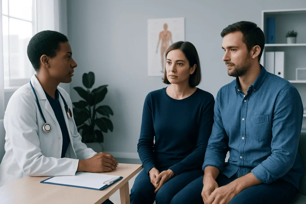 Doctor consulting with a couple about health in a medical office.