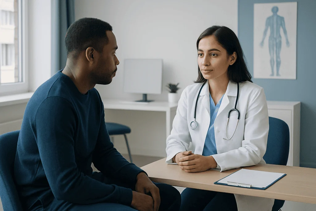 Doctor consulting with a patient in a medical office setting.