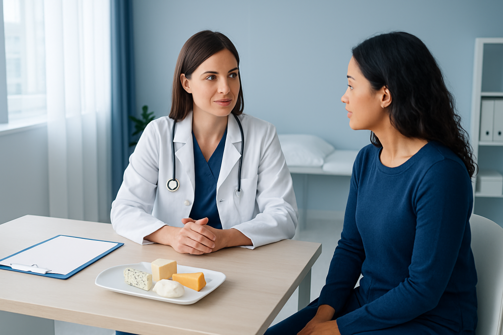 Doctor consulting with a patient about cheese and carbs in a medical setting.