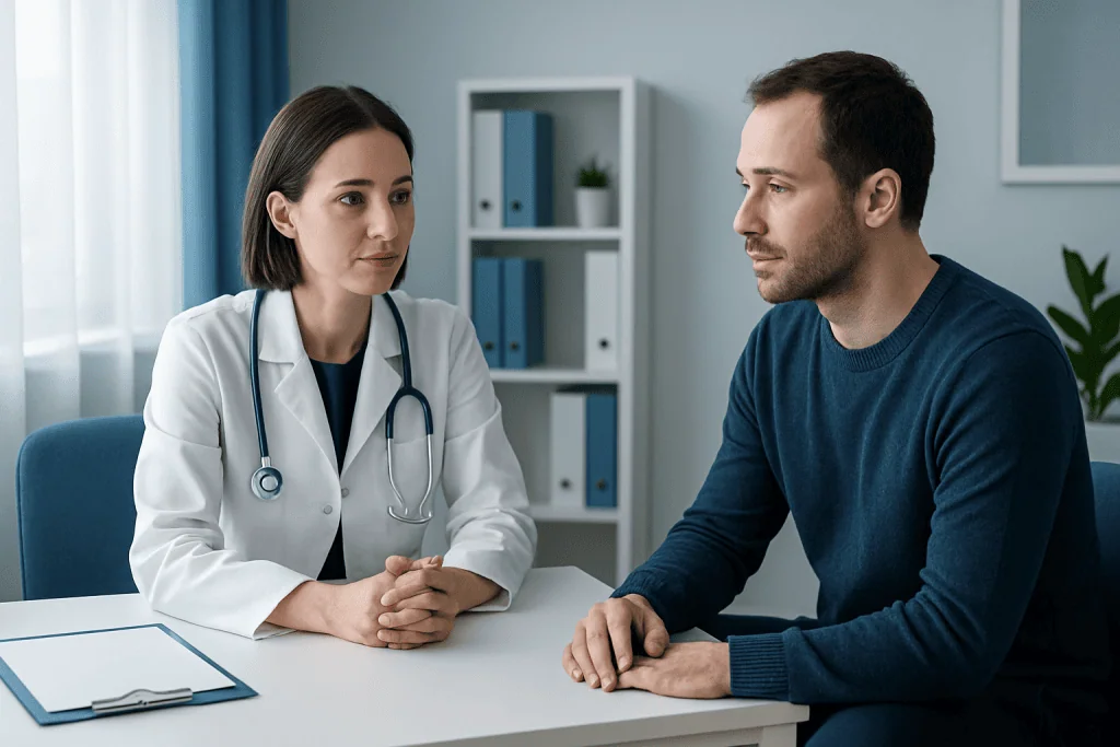 Doctor consulting with male patient in a medical office.