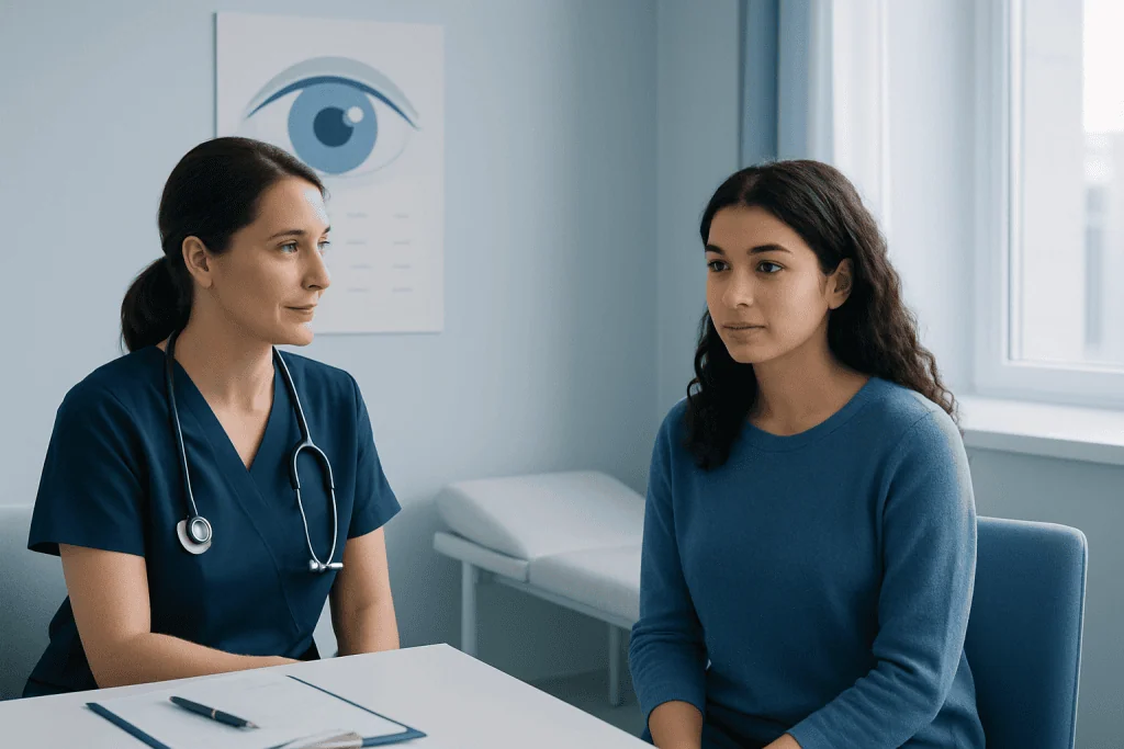 Doctor consulting with a young woman about eye health in a clinic.