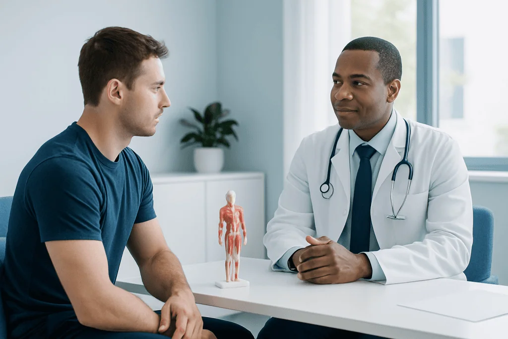 Doctor consulting with patient in a medical office setting.