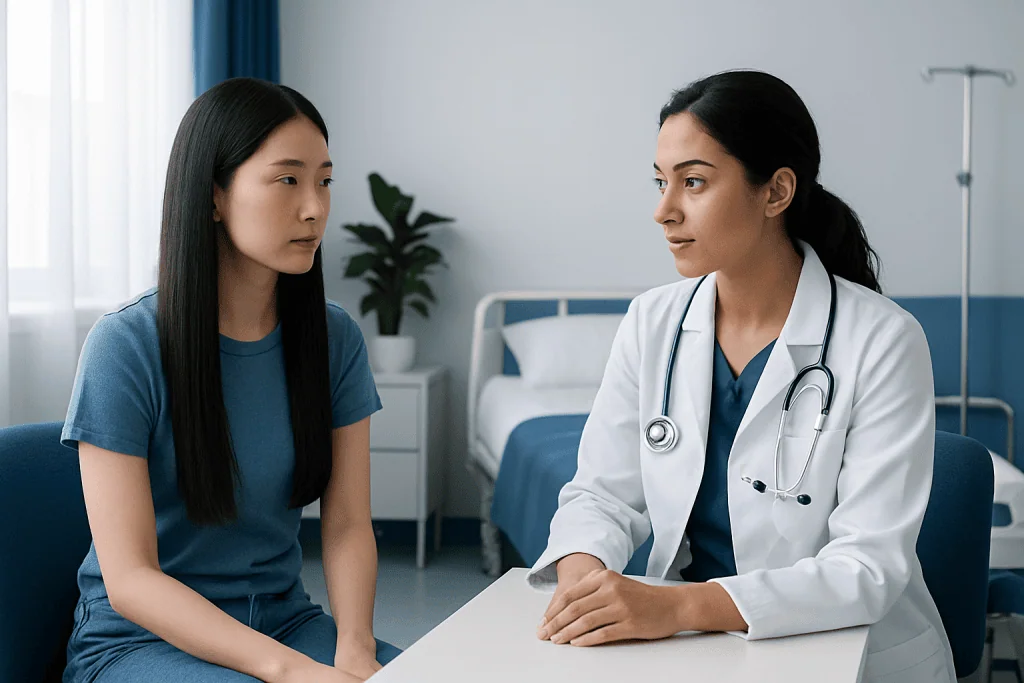 Doctor consulting with a patient in a hospital room.