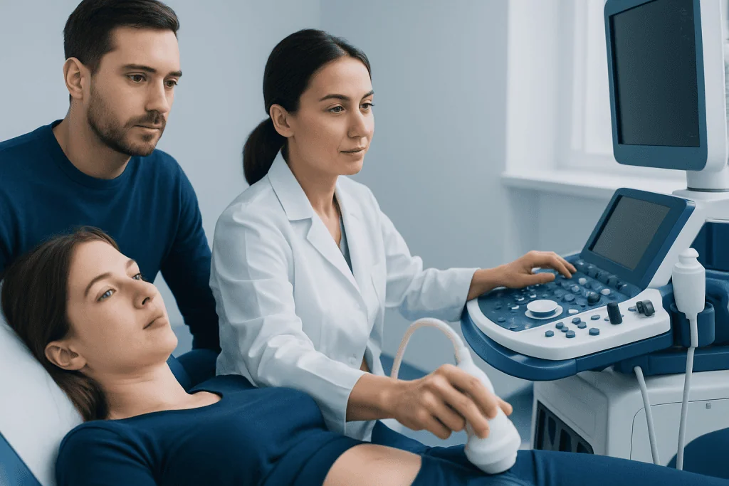 Medical professionals perform an ultrasound on a patient in a hospital setting.