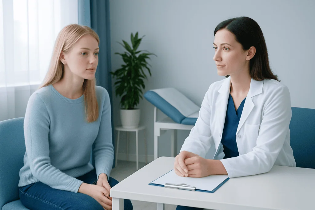 Doctor consulting young woman in a medical office for skin health.