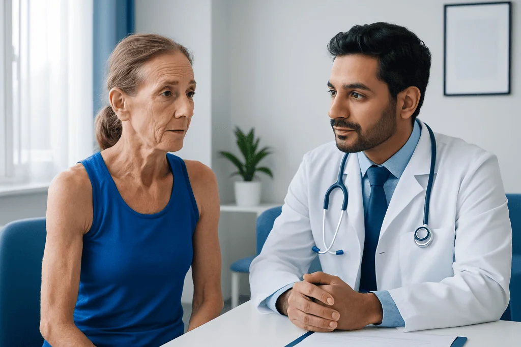 Doctor consulting with an elderly woman in a medical office.