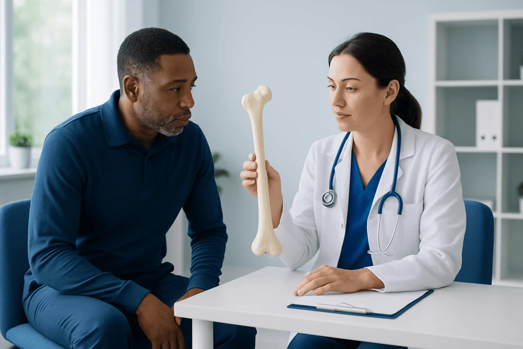 Doctor explaining femur bone to patient in a consultation room.
