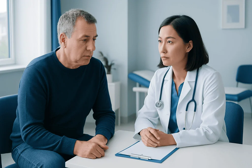 Doctor consulting with middle-aged male patient in a medical office.