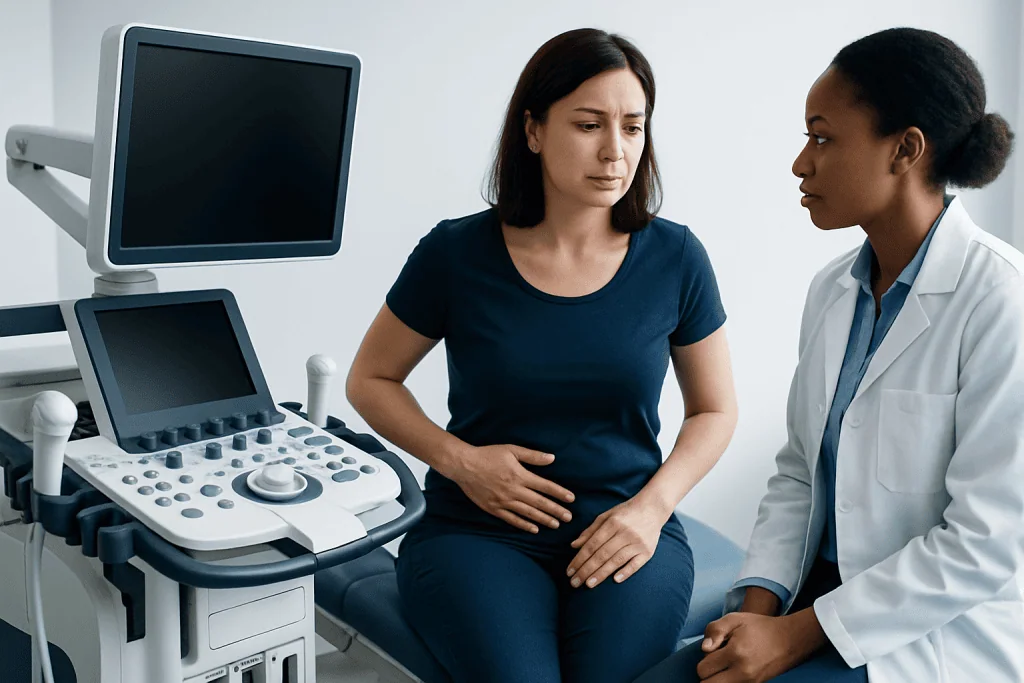 Doctor consulting with a woman patient about fibroids symptoms.