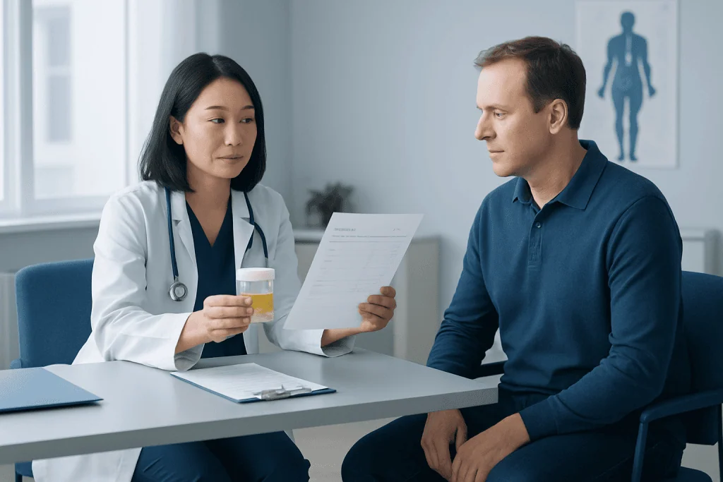 Doctor explaining urine test results to male patient in clinic.