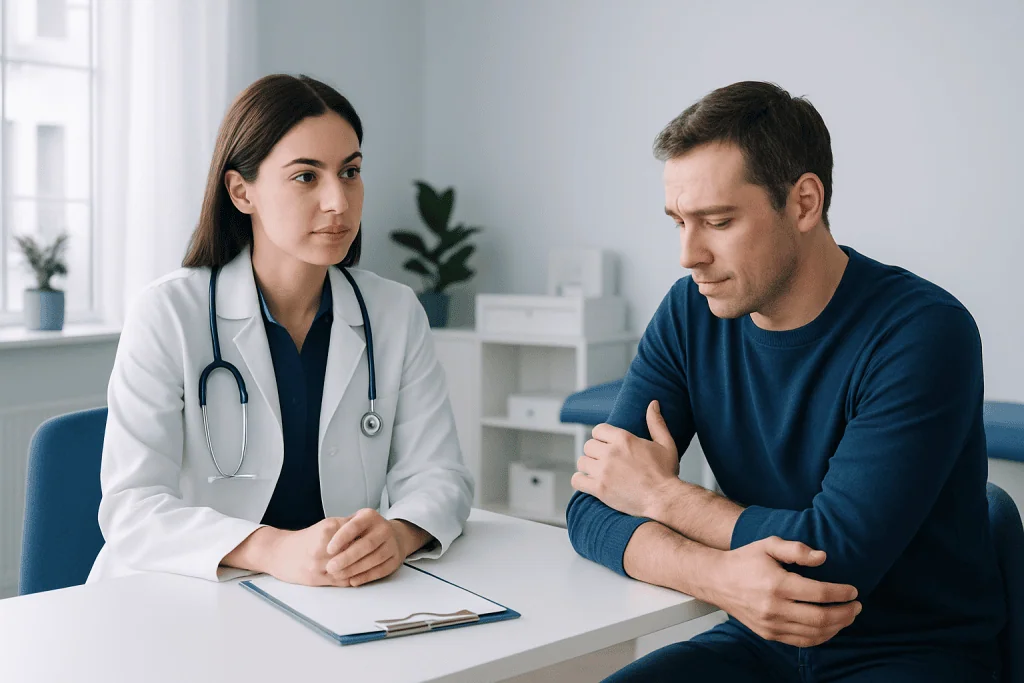 Doctor consulting with a male patient in a medical office.