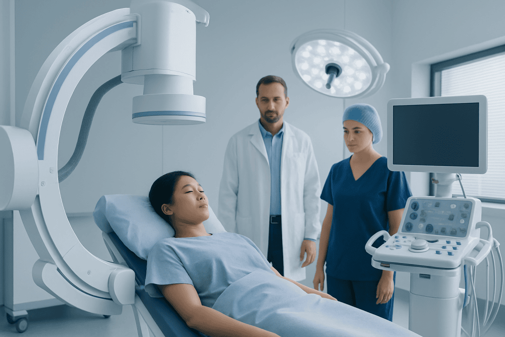 Patient undergoing medical imaging procedure in hospital.