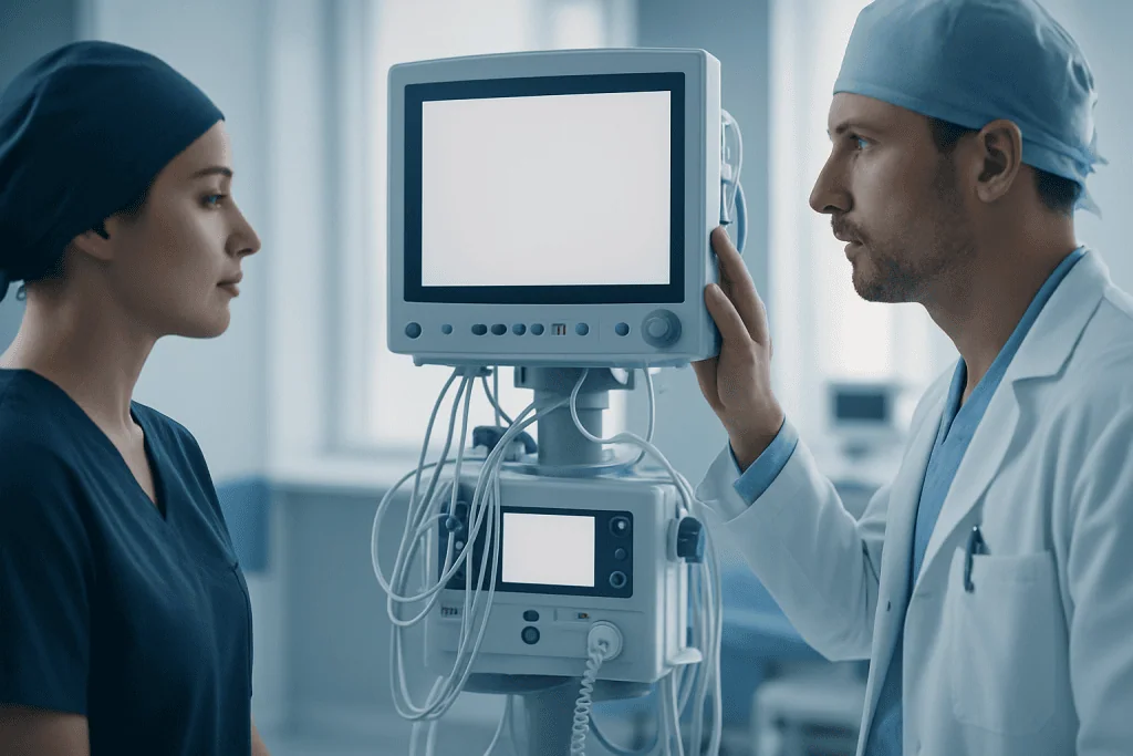 Medical professionals discussing patient care with monitor in hospital.