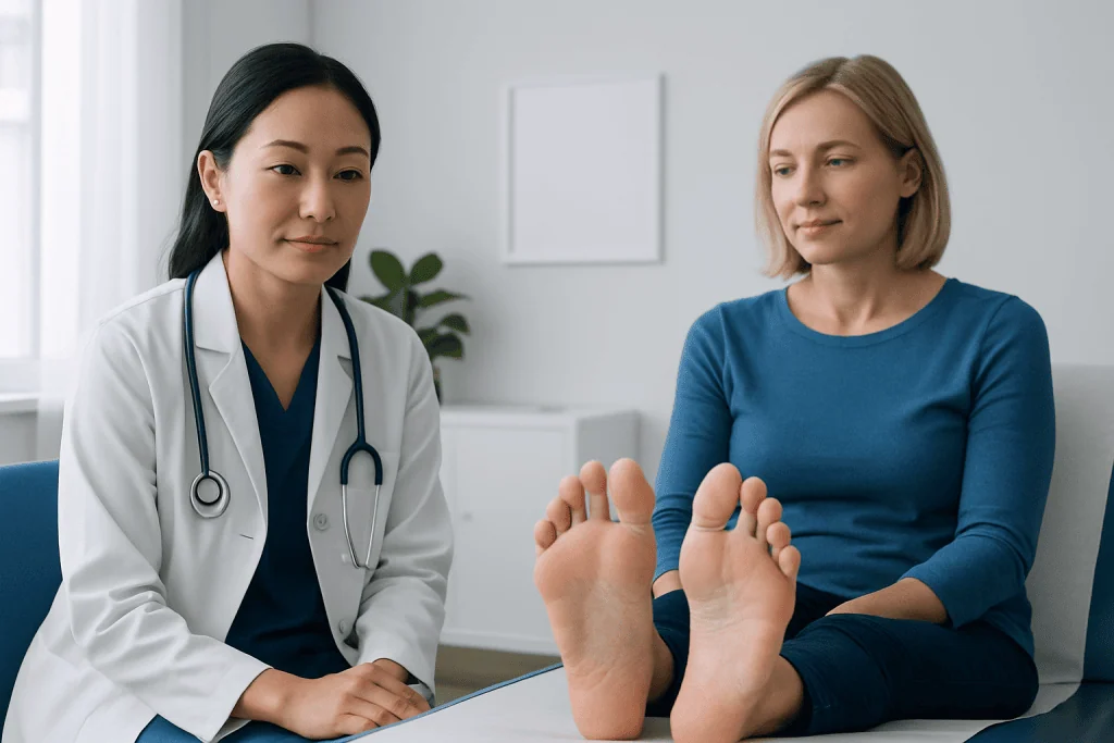 Doctor examining patient's feet in a medical consultation setting.