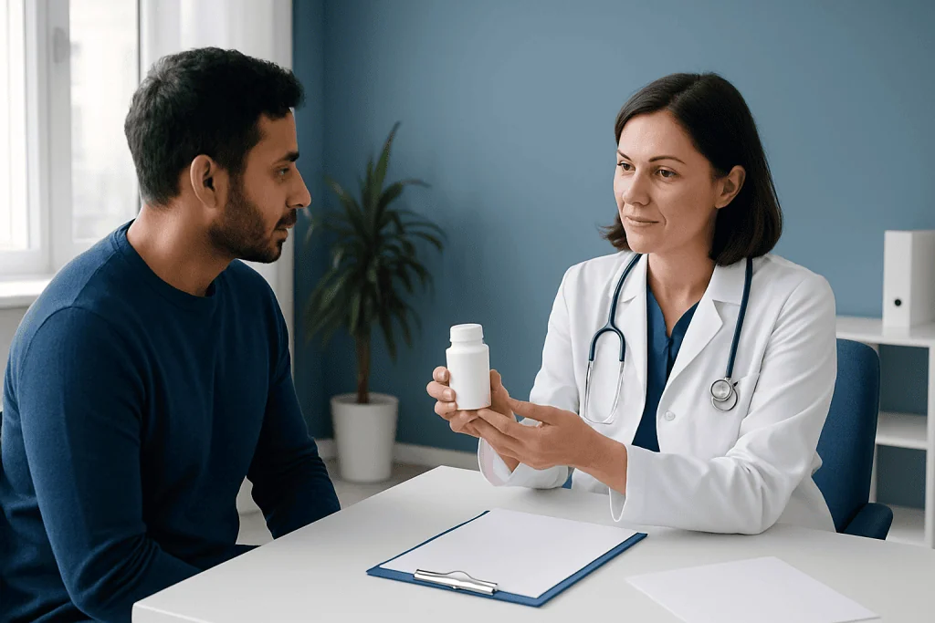 Doctor explaining medication to patient in a clinic setting.