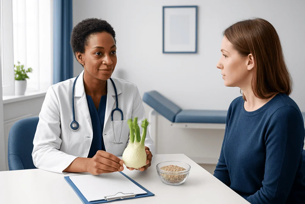 Doctor explaining fennel bulb benefits to patient in consultation room.