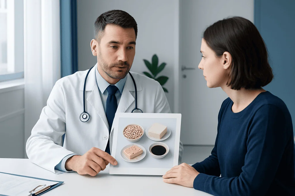 Doctor explaining soy products to a patient in a medical consultation.