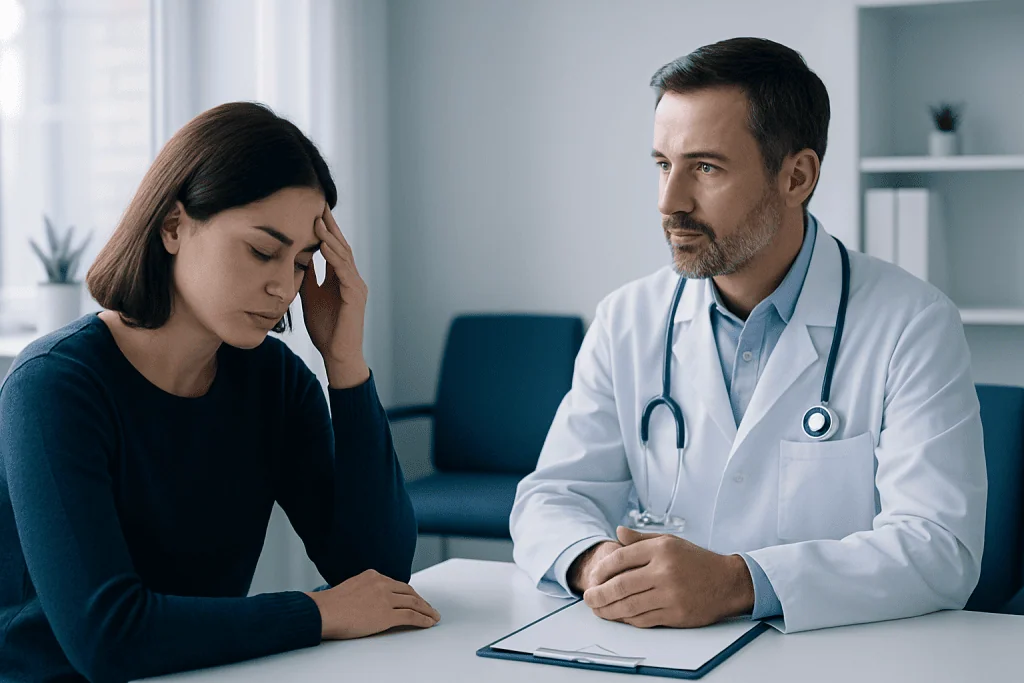 Doctor consulting with a patient experiencing headache or stress.