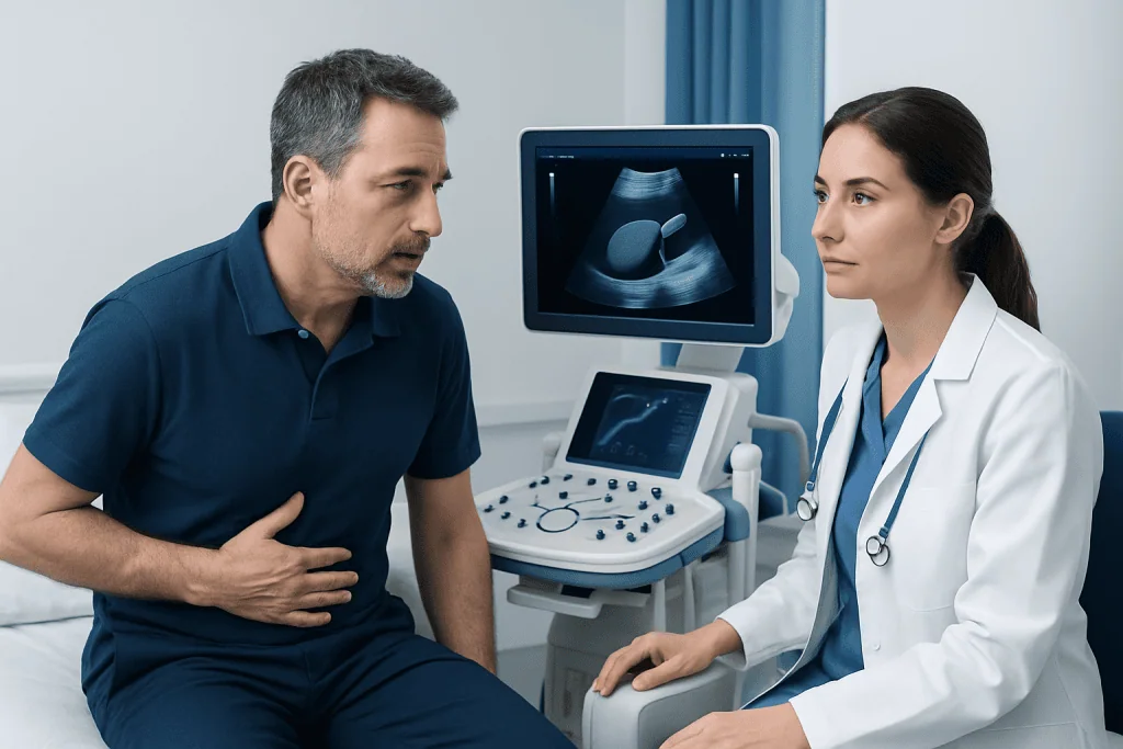 Doctor explaining gallbladder ultrasound to patient in clinic.
