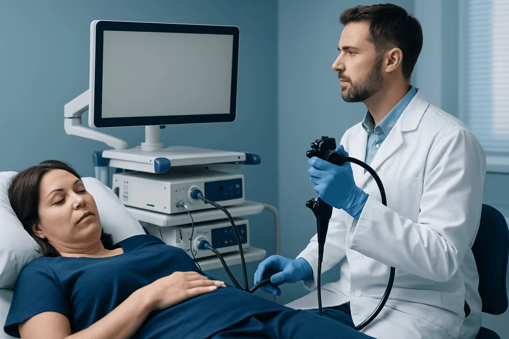 Doctor performing endoscopy on a patient in a hospital setting.