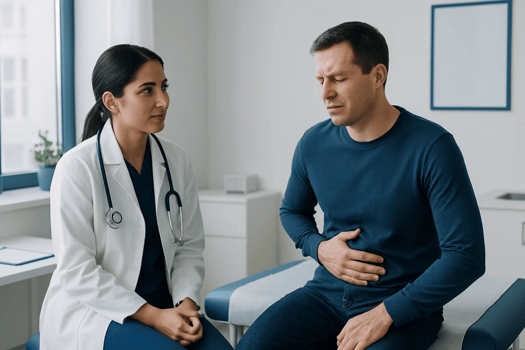 Doctor consulting with a patient experiencing stomach pain in a clinic.