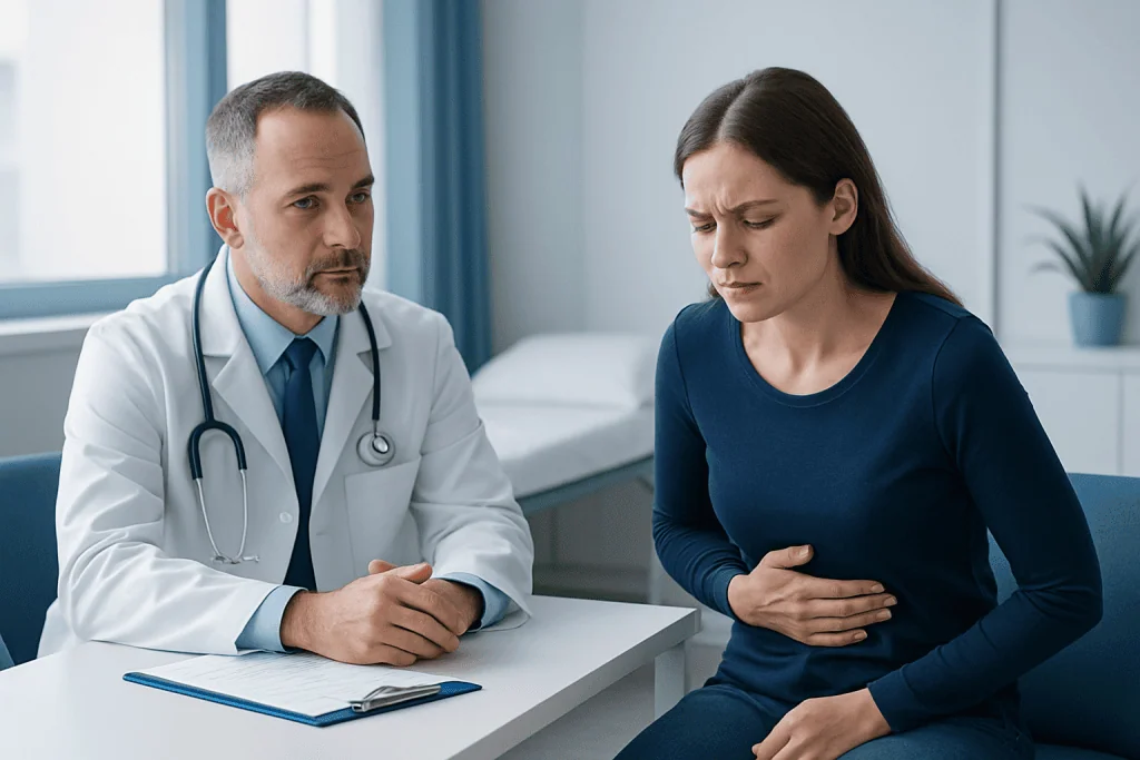 Doctor consulting with a woman about GERD symptoms in a clinic.