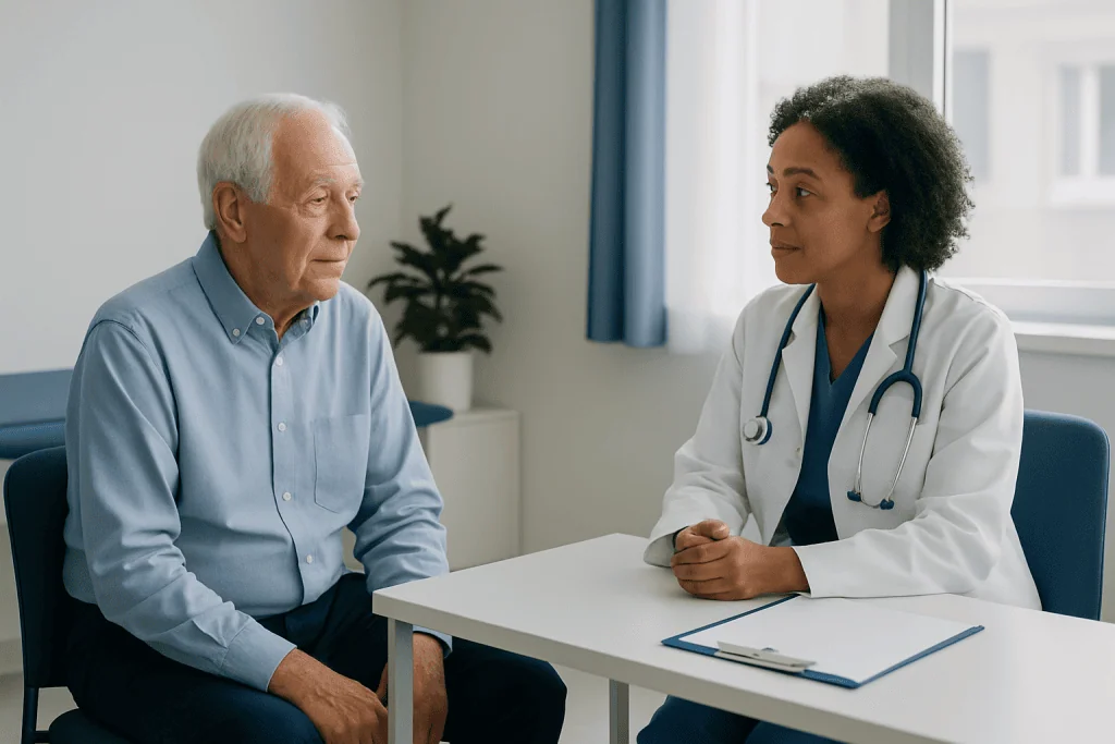 Geriatric patient consulting with a doctor in a medical office.