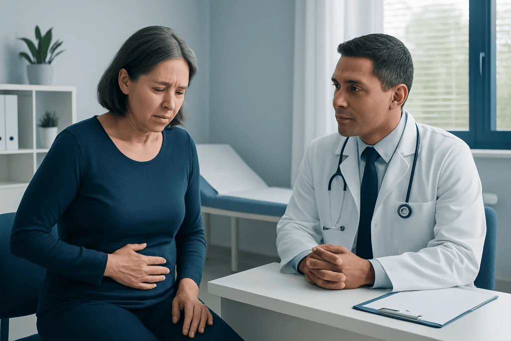 Doctor consulting with a middle-aged woman in a medical office.
