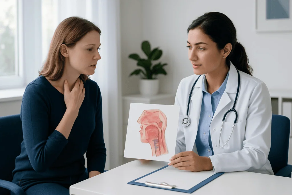 Doctor explaining glottis anatomy to patient with diagram.