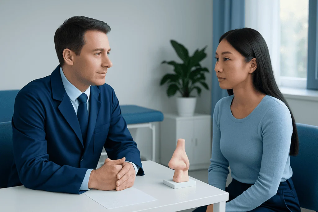 Surgeon consulting with patient about ethnic nose surgery options.