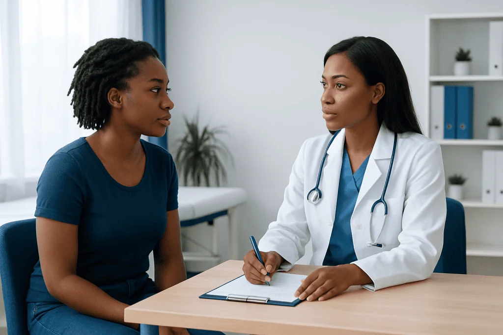 Doctor consulting with a patient in a medical office setting.